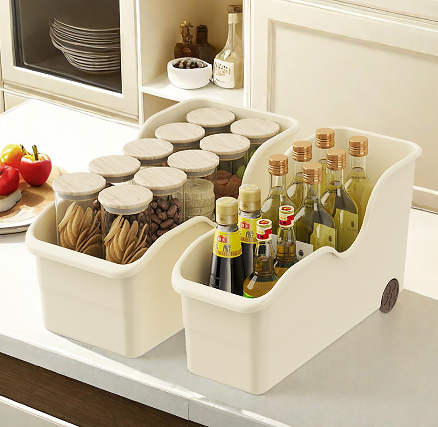 House of Quirk Storage Bins for Pantry and Kitchen Cabinet Organizer With Wheel - Multi-Purpose Basket for Kitchen, Bathroom Large (Pack of 2, Cream)-image-41