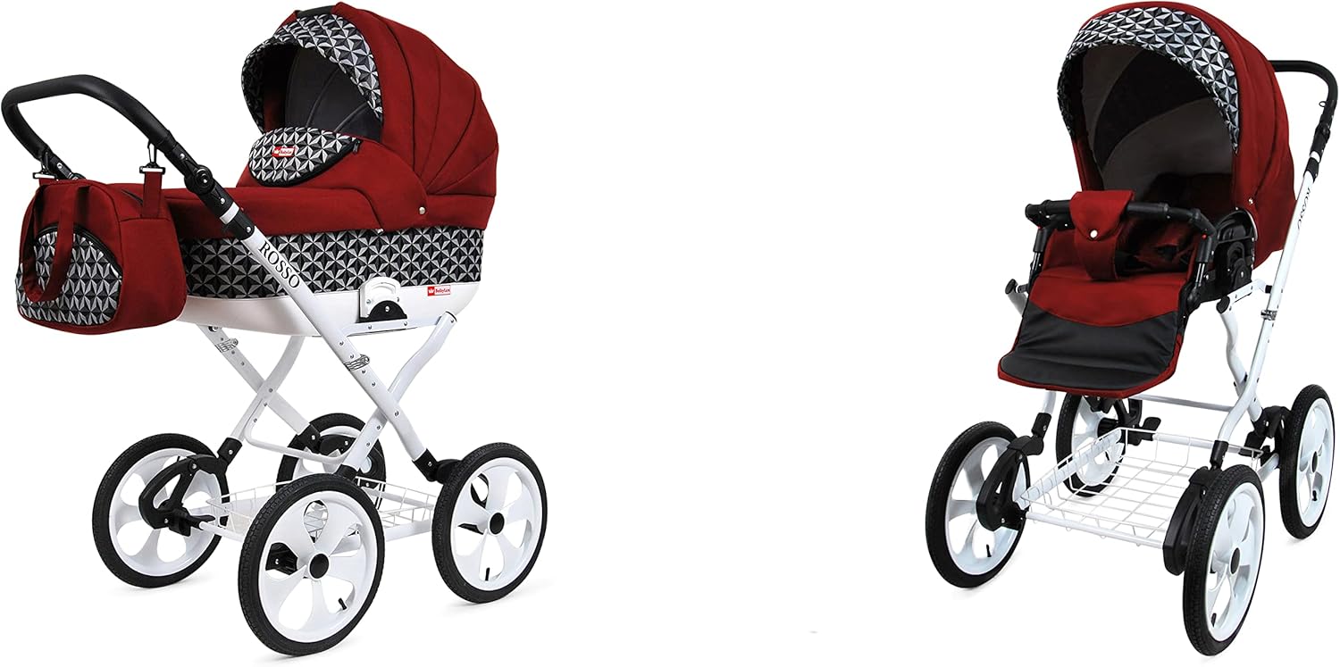 BabyLux Rosso 2 in 1 Baby Travel System Pram Stroller Adjustable Detachable Rain Cover Footmuff Newborn to Baby Polyurethane Foam Tire Optical Chili