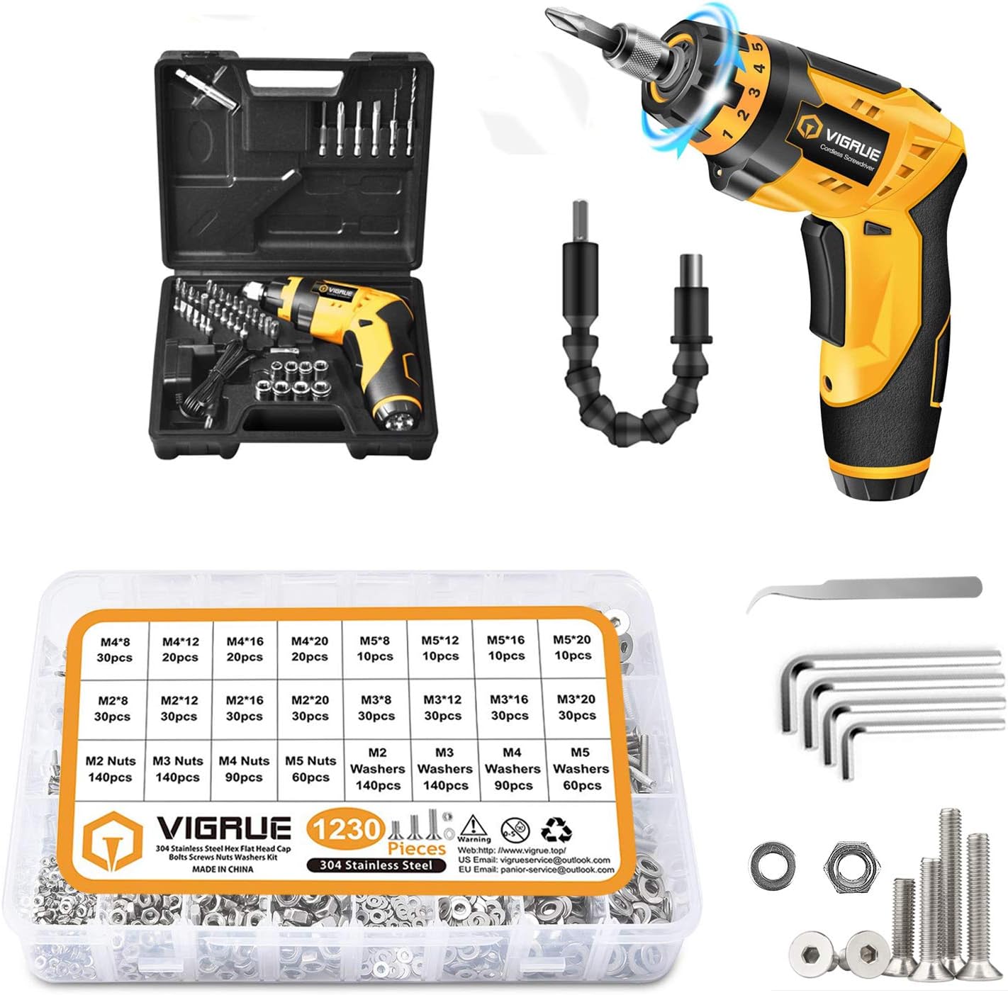 VIGRUE Cordless Screwdriver Rechargeable 4V MAX 2000mAh Liion with 45 Free