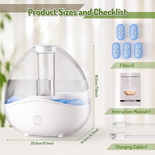 Miniatura 2 de Humidificadores de niebla fría para dormitorio, humidificador de aire ultrasónico pequeño silencioso de 1.5 litros con 5 filtros, luz nocturna