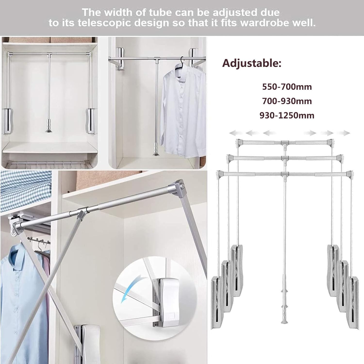 Closet Rods Adjustable Pull-Down Closet Rod, Pneumatic Shock nizer Rail, 15kg Load Capacity, Silver, 700x930mm - Perfect for Hanging Clothes and Maximizing Storage Space.,Silver-700x930mm