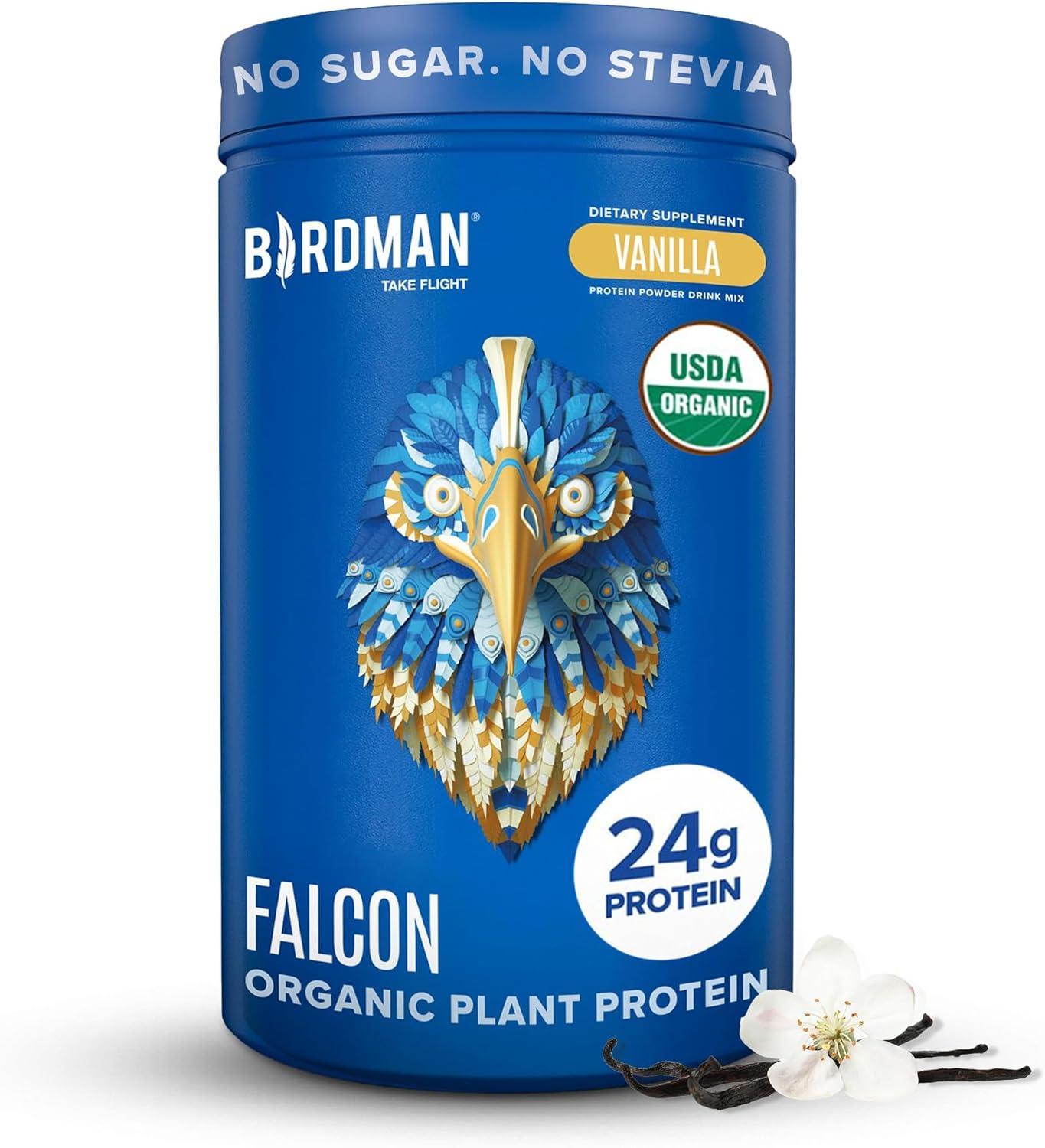 BIRDMAN Falcon Organic Vegan Protein Powder Vanilla, 24g Protein, Sugar Free, Probiotics, Low Carb, Keto Friendly, Dairy Free, Lactose Free, Non Whey, Plant Based Pea Protein Powder - 18 Servings