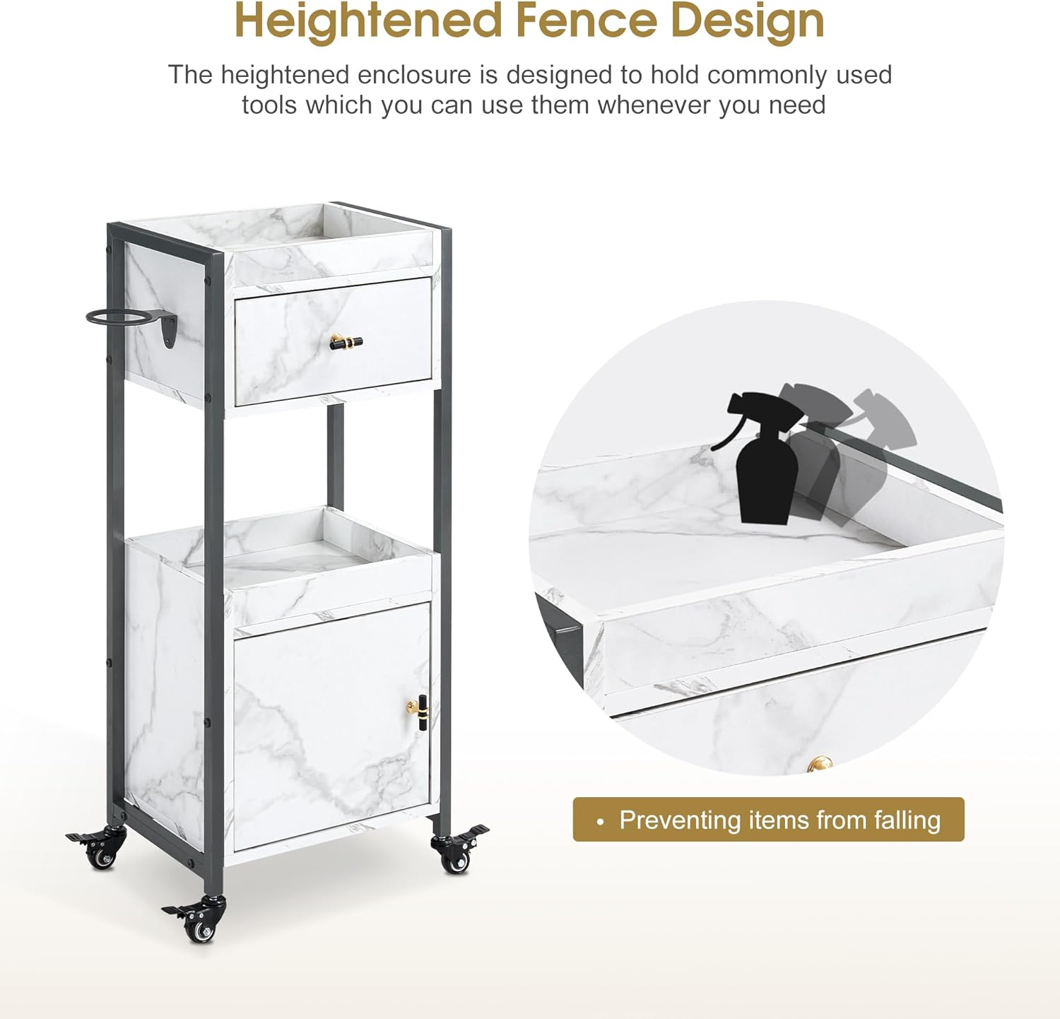 BarberPub Salon Rolling Trolley Cart with Drawer&Dryer Holder, Beauty Barber Marbling Textured Mobile Storage Organizer, Hair Stylist Cabinet Station with Wheels 2477 (Gun-Grey)