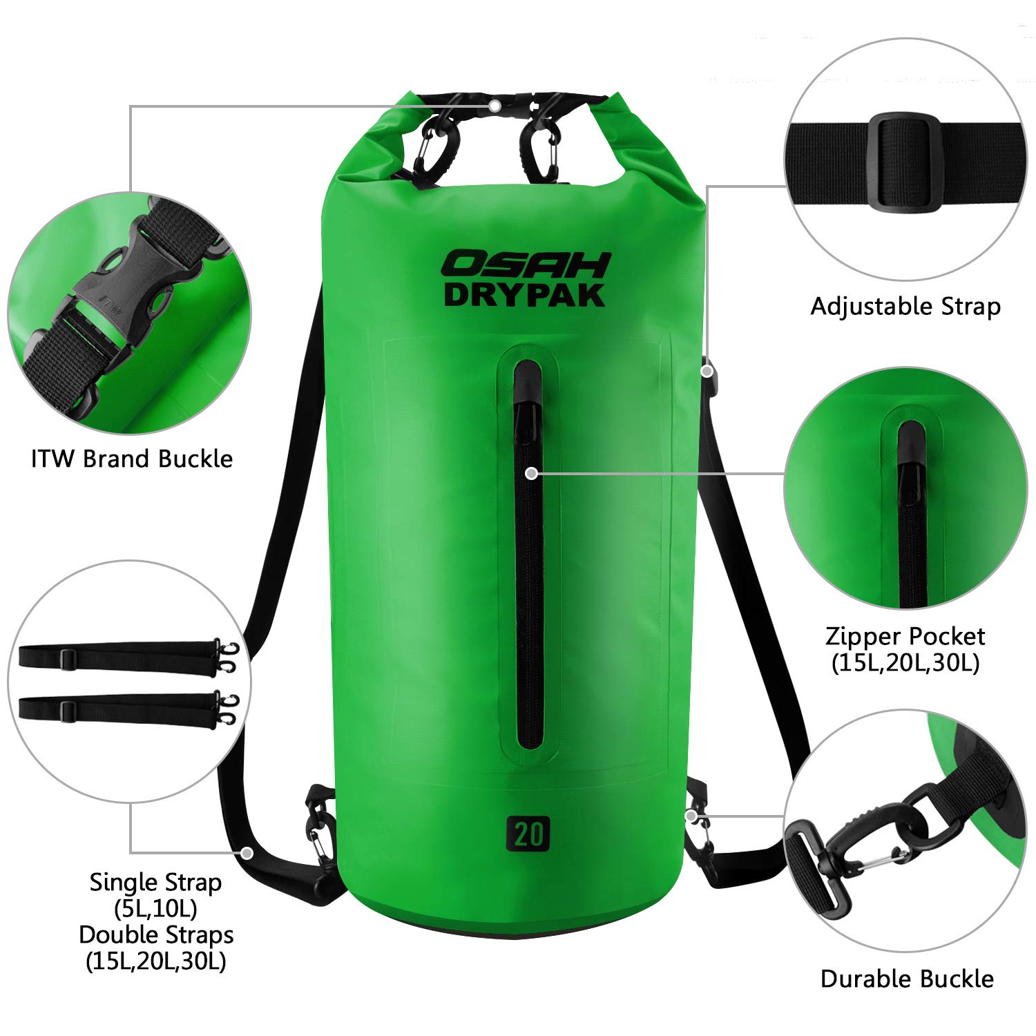 OSAH DRYPAK Borse Impermeabile Sacca Dry Bag 5L 10L 15L 20L 30L con Tracolla Regolabile per Spiaggia Sport d'Acqua Trekking Kayak Canoa Pesca Rafting Nuoto Campeggio