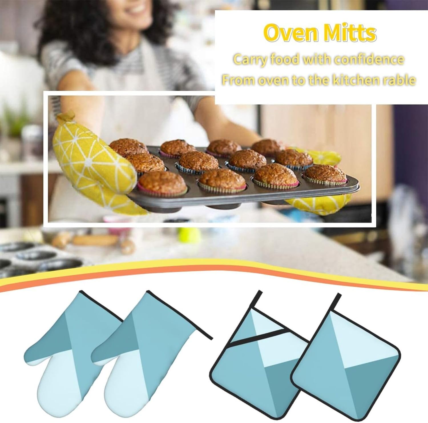 4 Pieces Oven Mitt and Pot Holder Sets, Light Aqua Teal Green Ocean Blue Oven Mitts Set Heat Resistant Baking Gloves Kitchen Microwave for Cooking, BBQ