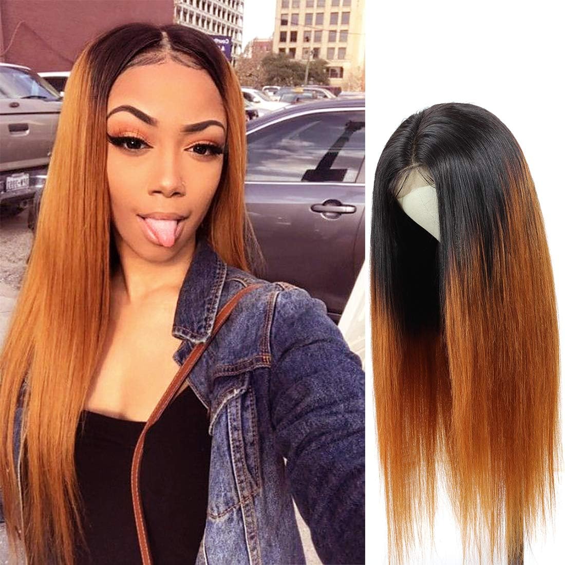 Feelgrace 4x4 Inch Lace Front Wigs for Women Ombre Two Tone Straight Human Hair Wigs 1B/30 Color Glueless Lace Closure Wigs 10 Inches
