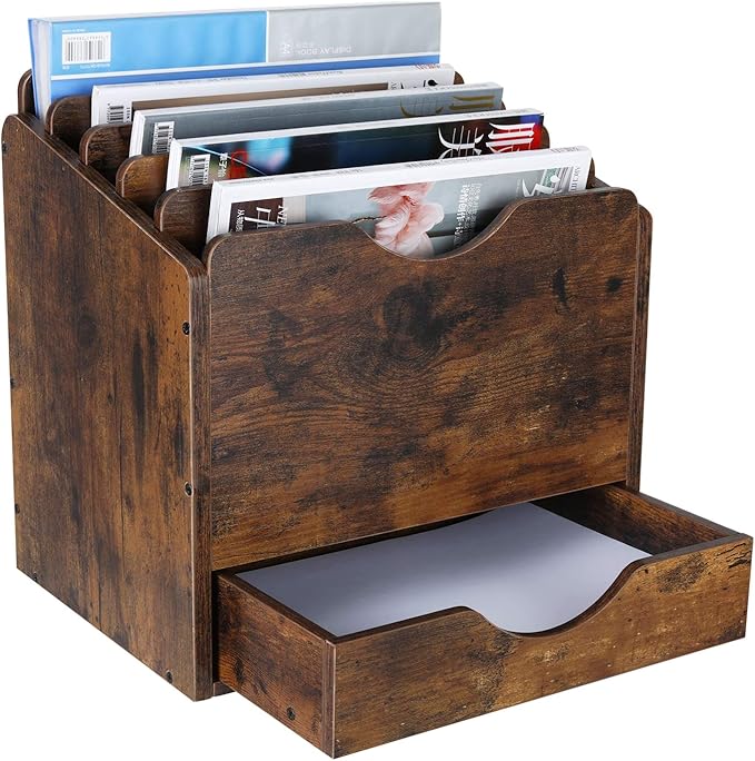 PAG Wood Desktop File Holder Organizer Mail Sorter With Storage Drawer, For File Folders, Mails, Envelopes, Mailing Supplies Or Magazines, 6 Compartments, Retro Brown - View #12