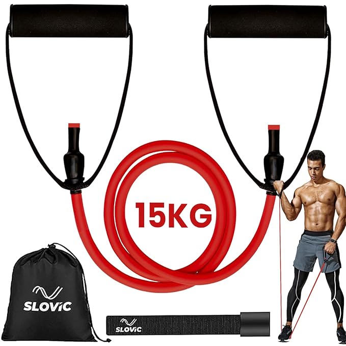 Resistance Tube by SLOVIC (1 Year Warranty) with 30+ Exercise Guide & Foam Handle, Suitable for Home and Gym for Men and Women, Multipurpose Resistance Tube Band (Red = 15kg) at Rs. 299