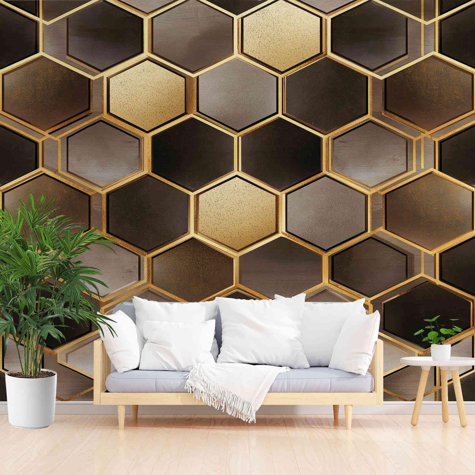 Papier peint géométrique nid d'abeille 3D jaune-marron 300x210 cm