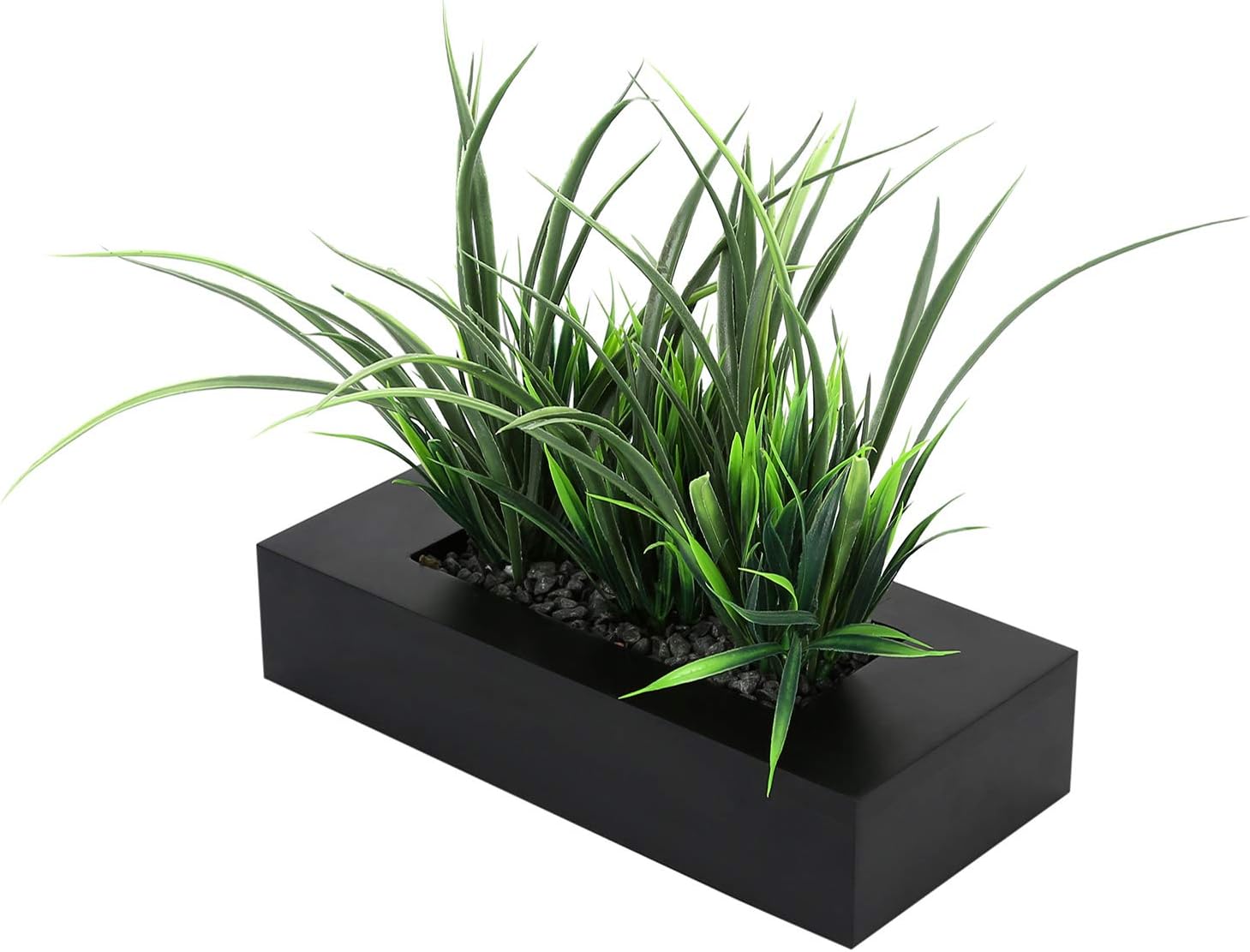 MyGift Artificial Green Grass Plants Potted in 9-inch Matte Black Wood Decorative Planter, Tabletop Faux Greenery in Wooden Rectangular Pot Centerpiece Décor