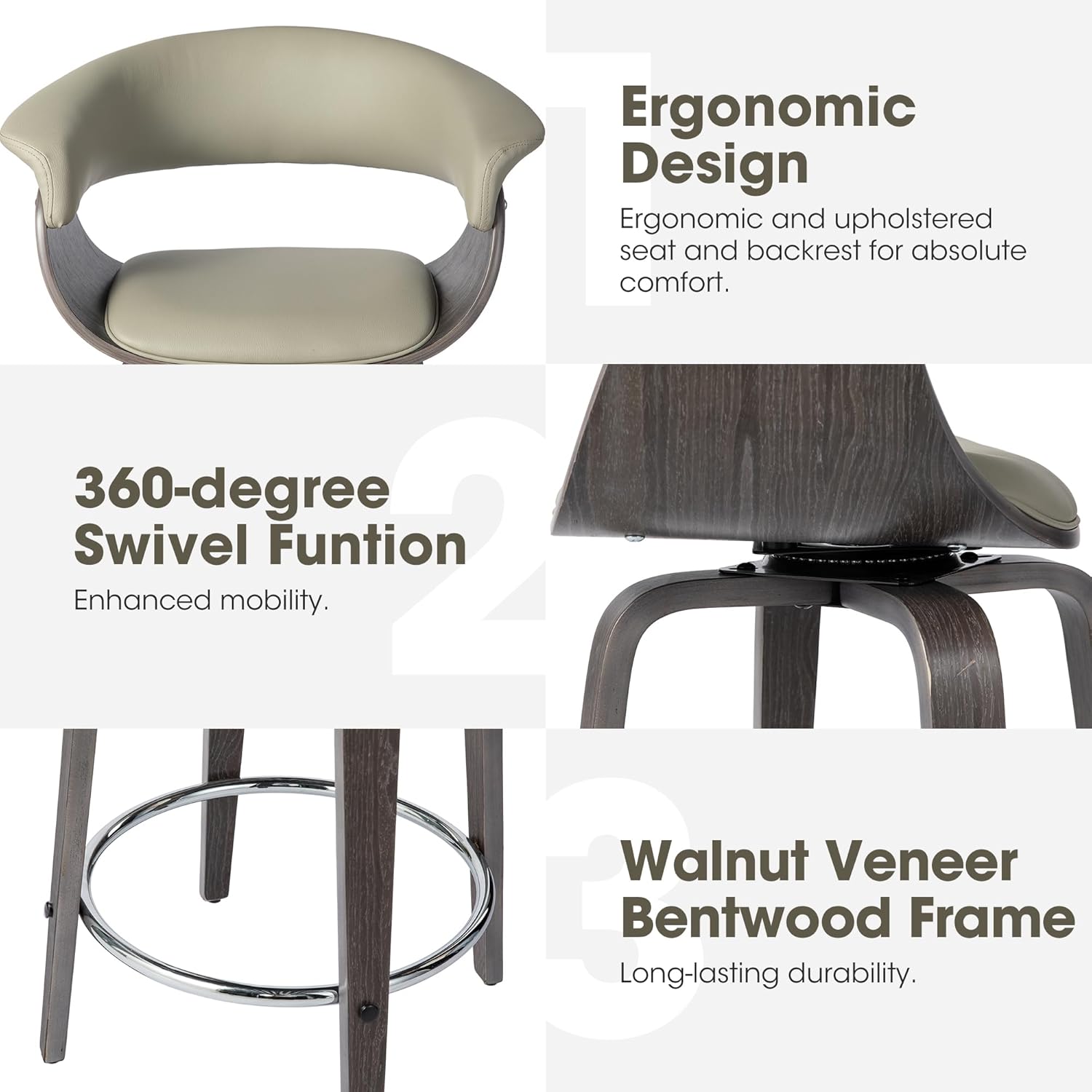 Glitzhome Swivel Counter Height Stools Set of 2, 24.5''H Upholstered Fabric Counter Chairs with Back& Footrest, Walnut Wood Frame Bar Stools for Kitchen Island, Home Bar
