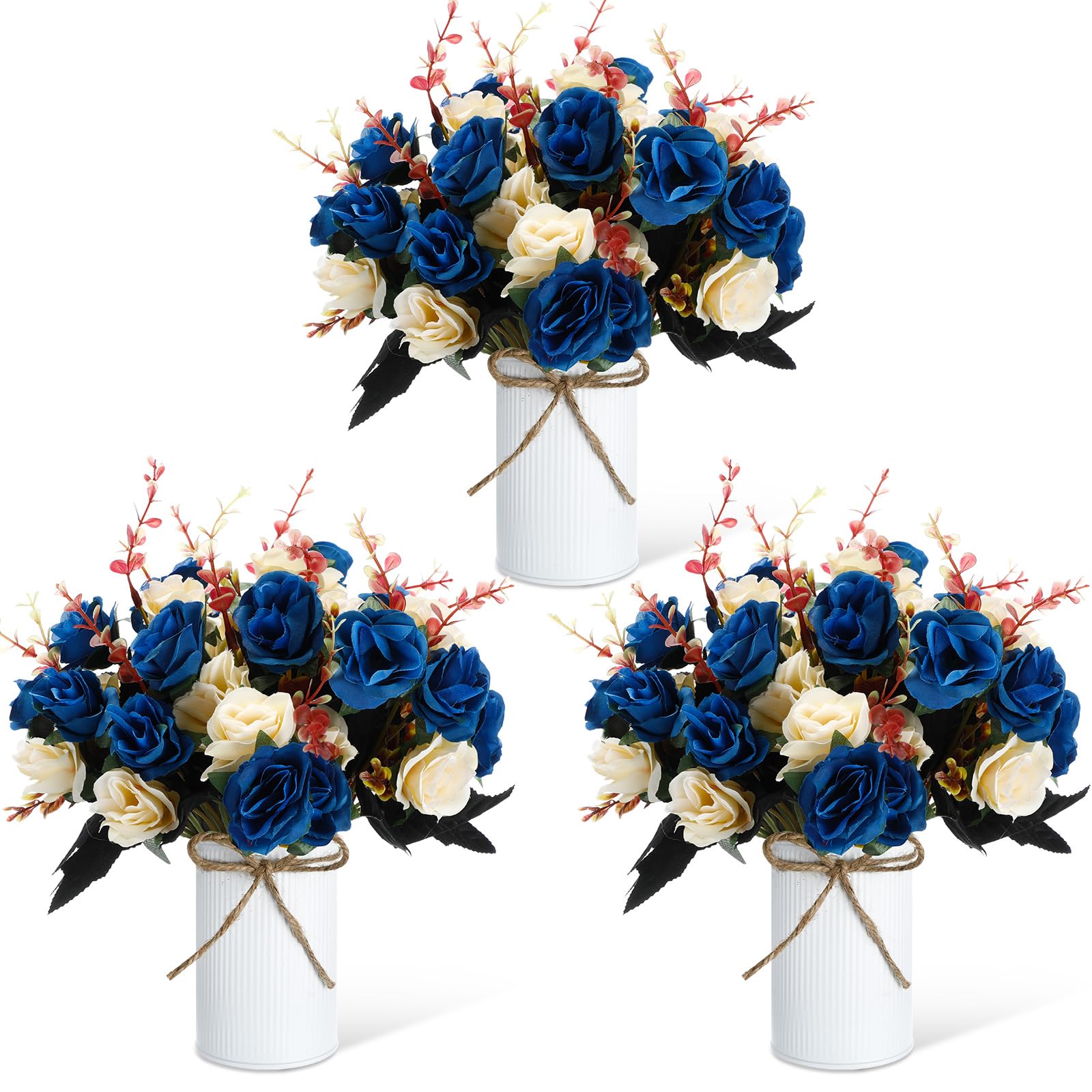Domensi 3 Sets 3 Sets Valentine's Day Table Centerpiece Artificial Roses with Fake Bouquets and Metal Pot Vase Floral Arrangements for Wedding Holiday