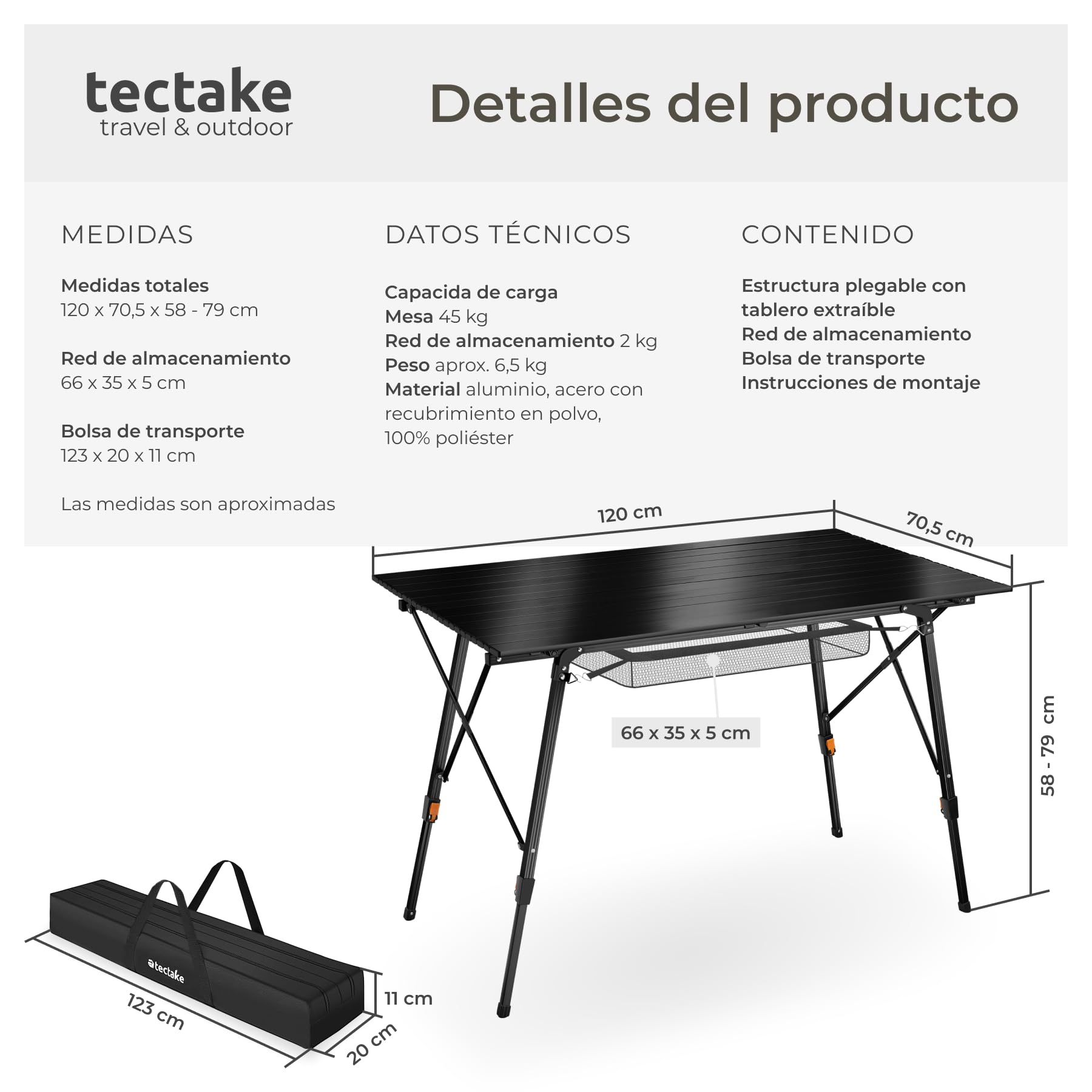 tectake® Mesa Camping Plegable con Altura Ajustable, Mesa Auxiliar de Aluminio con Topes, Mesa Exterior para Jardín, Terraza, Picnic, con Red Almacenamiento y Bolsa de Transporte, 120x70,5x79 - Negra