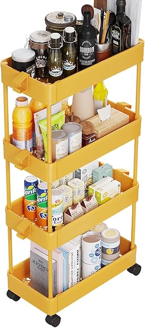 JIUYOTREE 4-Tier Storage Trolley,Utility Cart Standing Shelf Unit Organizer for Kitchen Bathroom Laundry Room and Narrow Places,Orange