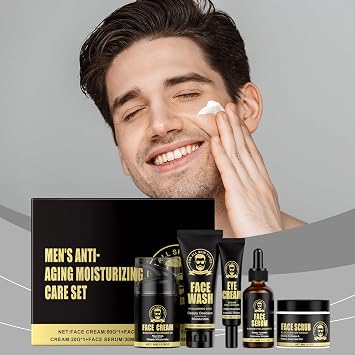 Men's Anti-Aging Care Set - Day & Night Moisturizer, Eye Cream, Anti-Wrinkle Serum - Combat Fine Lines, Revitalize Skin - 5 Piece Gift-Ready Kit