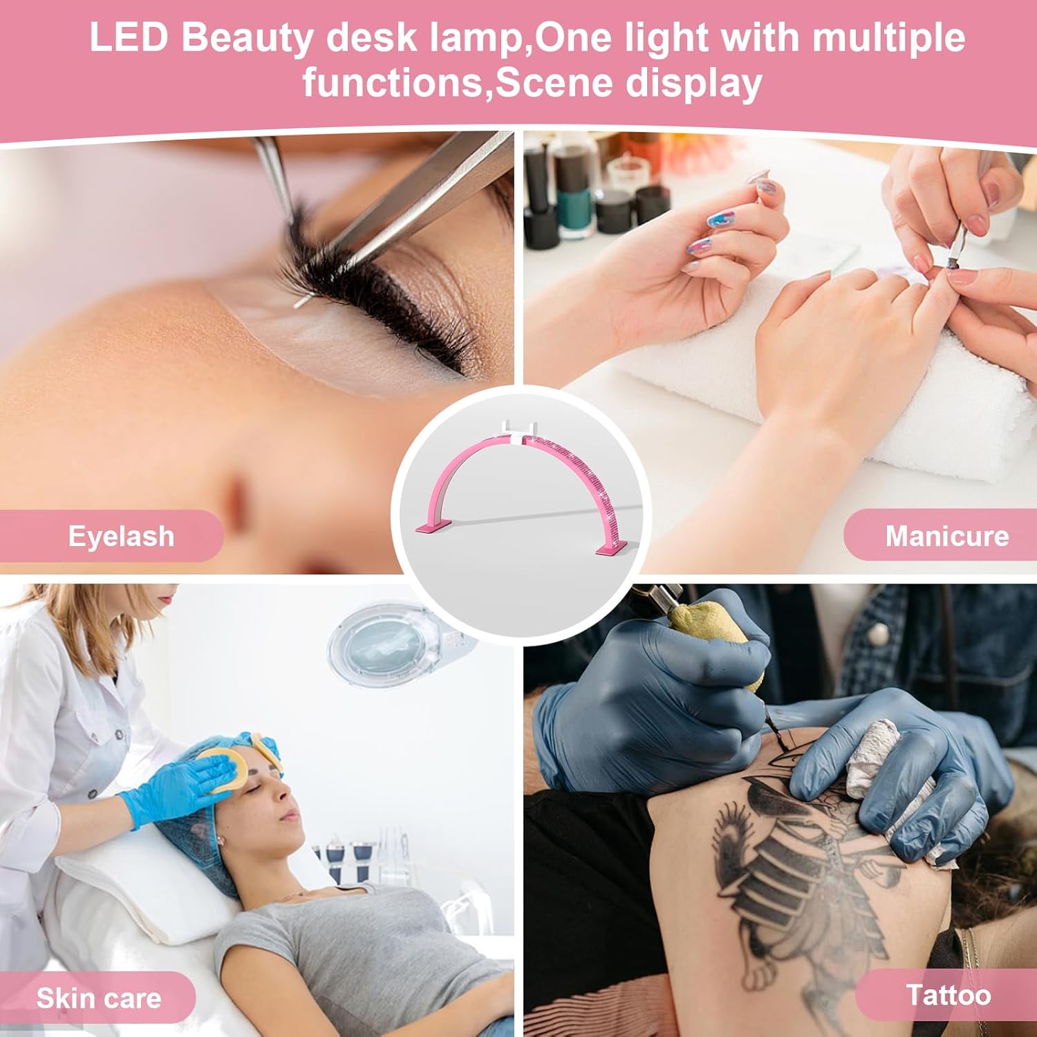 Half Moon Light for Nail Desk - 29-inch LED Nail Tech Lamp with Hands Pillow, Phone Holder，Dimmable Arch Design,48W Portable Manicure Light for Salon and Home Use（Pink-Pink Diamond）