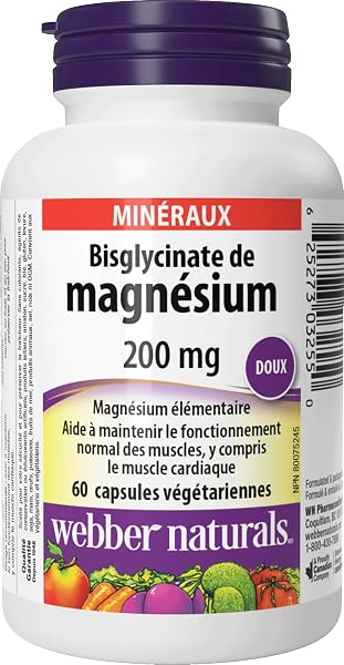 Webber Naturals Magnesium Bisglycinate 200 mg 60 Capsules, showcasing its vegan and bone support claims.