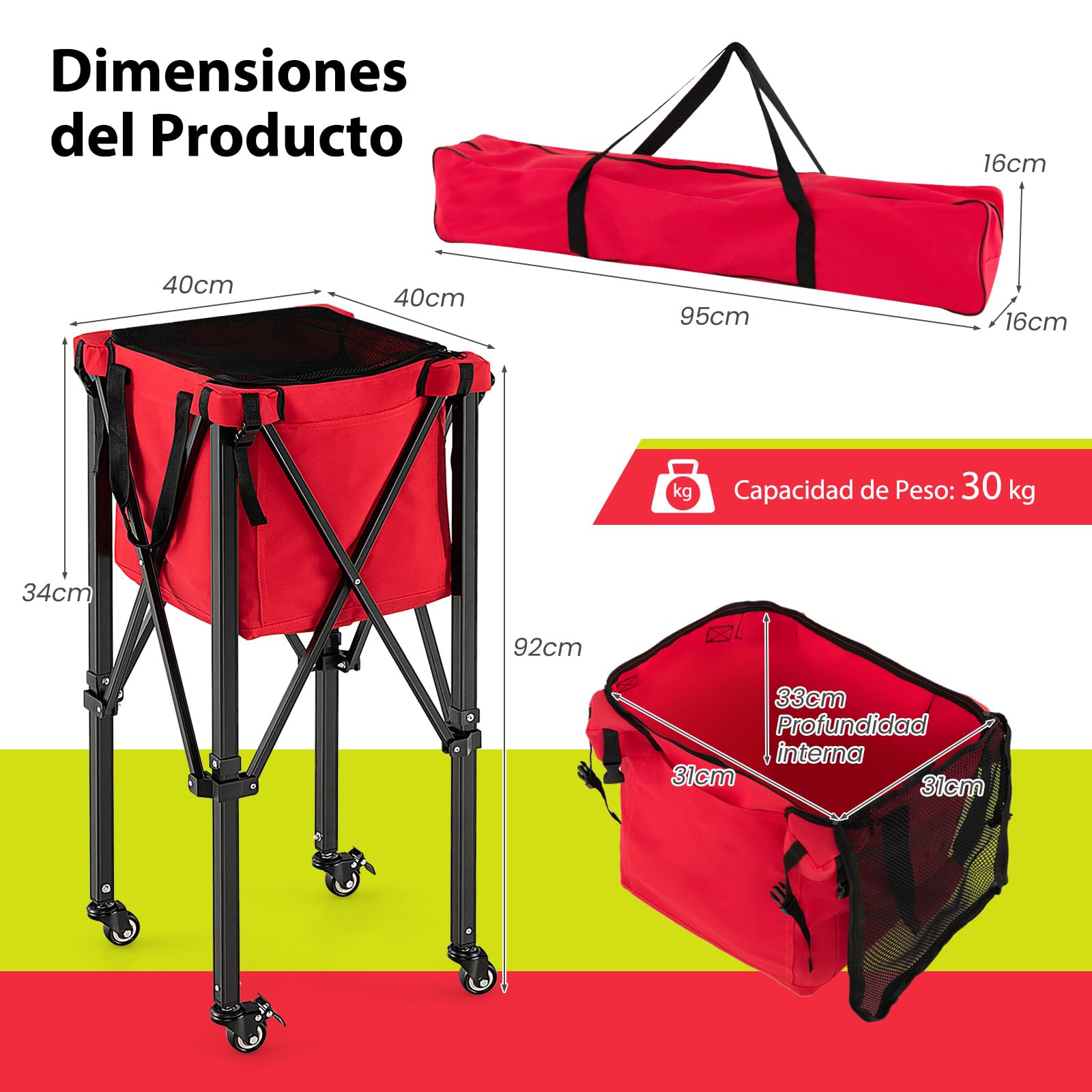 COSTWAY Carro Plegable para Pelotas de Teni, Carrito Recogepelotas, Cesta Ligera de Aluminio con Ruedas para Pelotas de Tenis, Bolsillos Laterales/Bolsa de Transporte,150 Pelotas
