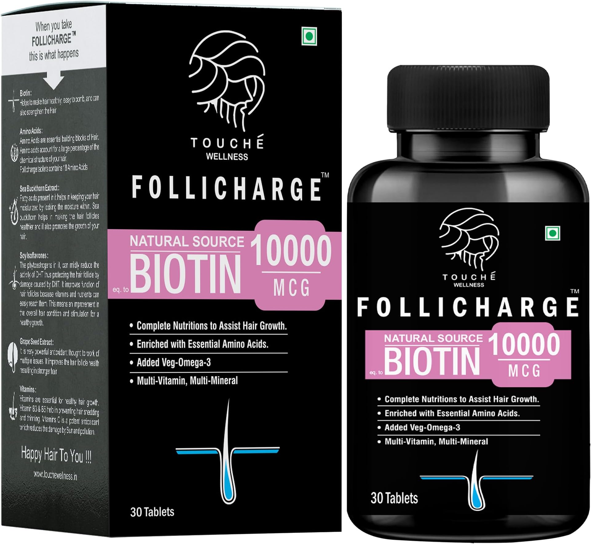 Touche Wellness Follicharge Tablets for Hair & Skin - Premium Formula with Biotin 10000 mcg with 18 Amino Acids, Mutli Minerals & Multivitamins for Men And Women 30 Tablets Bottle