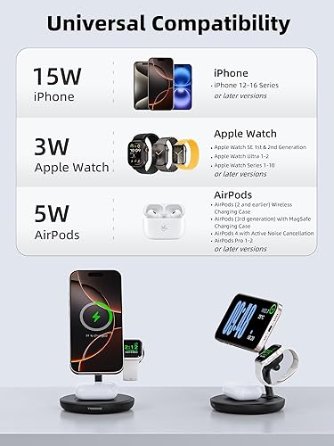 Miniatura 4 de Soporte de cargador inalámbrico magnético 3 en 1 para dispositivos Apple, estación de carga rápida TRIBONE para iPhone 171615141312, Apple Watch,