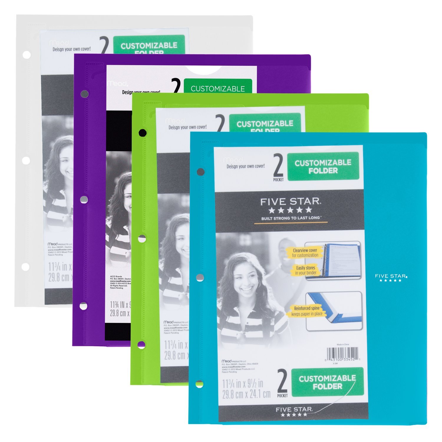 Five StarPlastic Folders, Customizable, Assorted Colors, Trend, 4 Pack (38091)