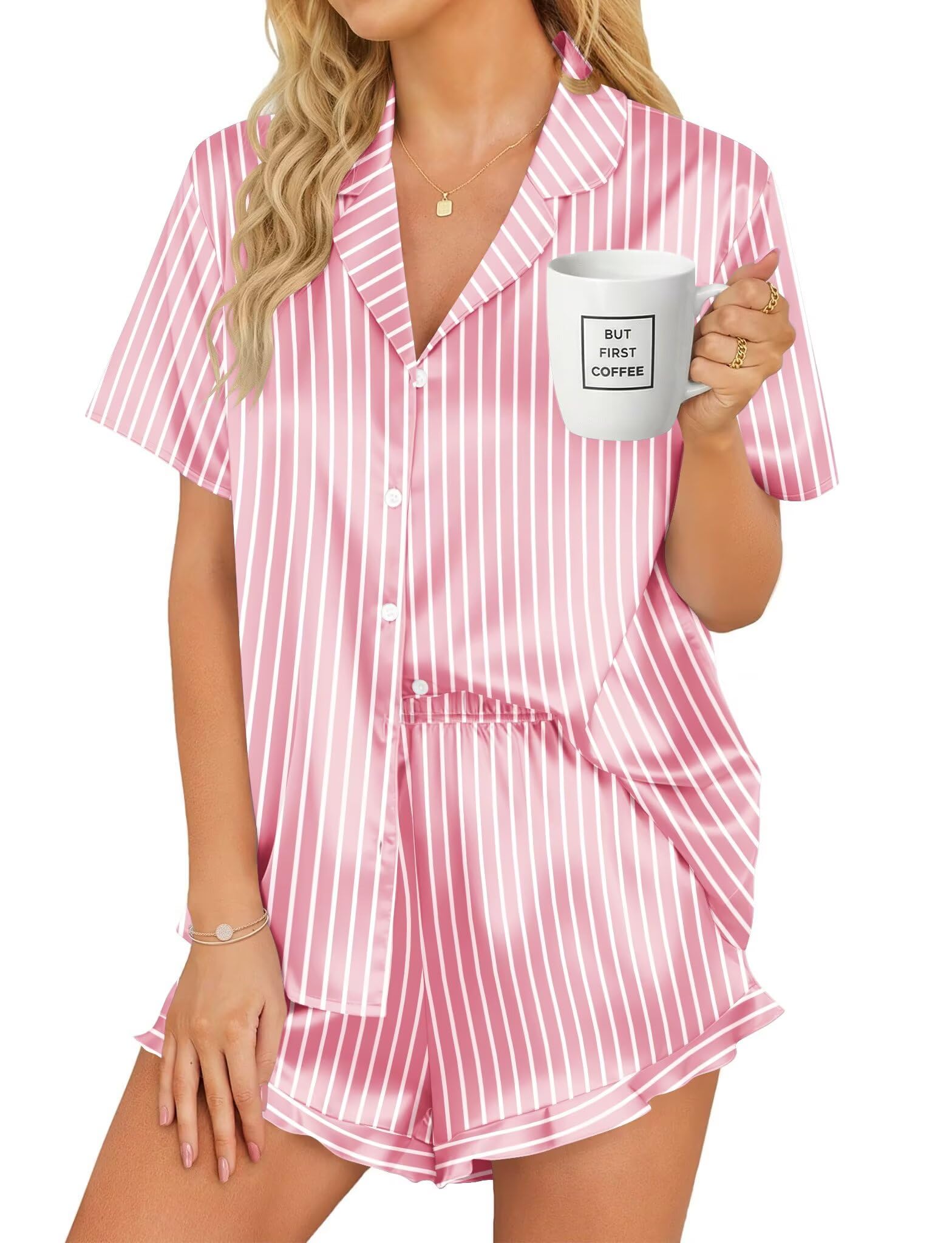 SWOMOG Women's Silk Satin Pajamas Set Short Sleeve Button Down Sleepwear Ruffle Hem Shorts PJ Sets Two-Piece Loungewear