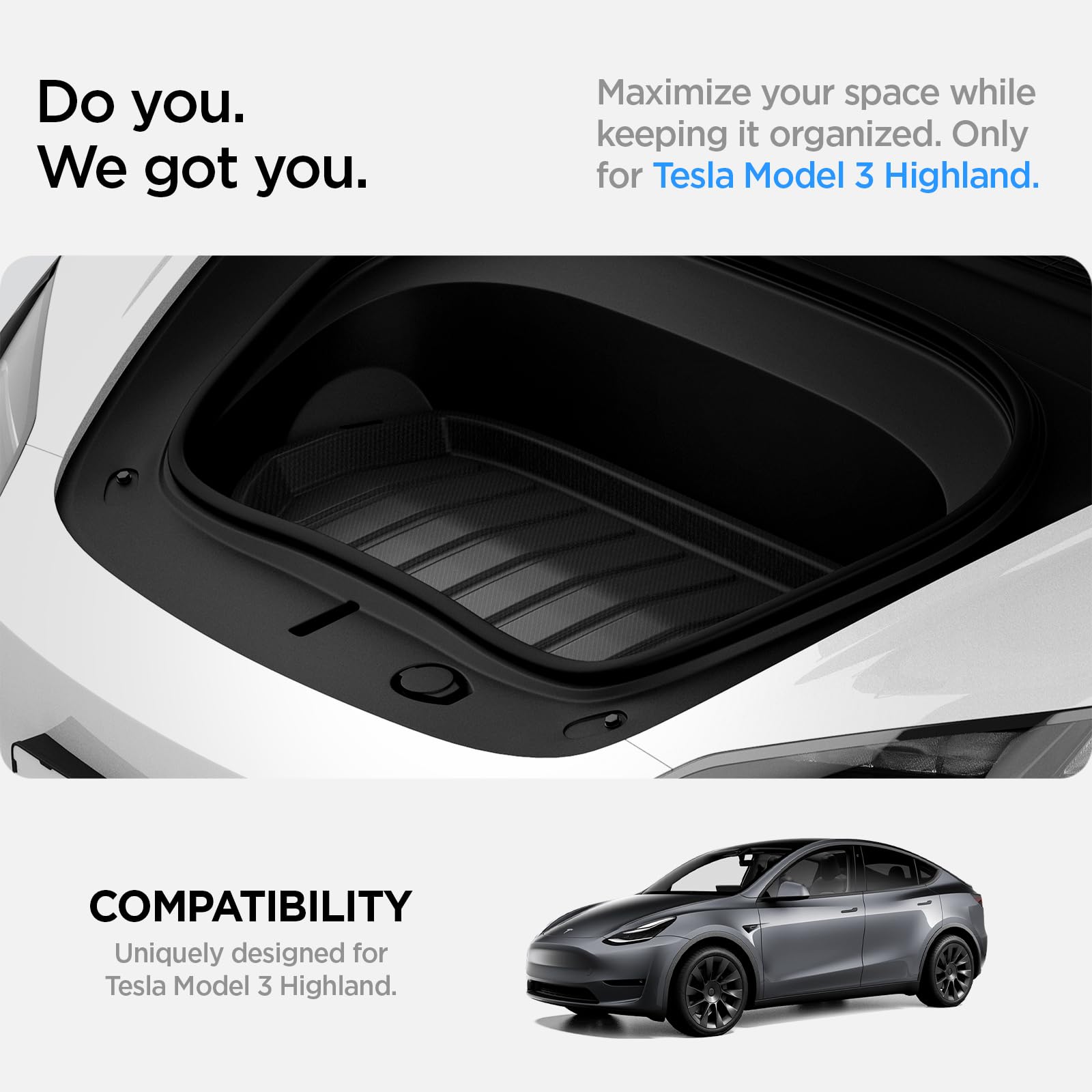 Spigen Tesla Model 3 Highland (2024 2025 2026) Tappetino per Bagagliaio Anteriore, Materiale XPE per la Protezione degli Interni, Finitura Impermeabile & Antiscivolo, Accessori Tesla - Carbonio
