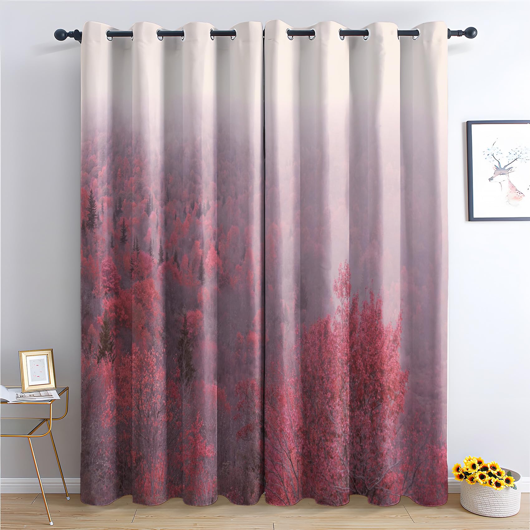 Rideau Occultant Forêt, Rideau Isolant Thermique pour Salon Chambre, Rideaux Motif Feuille, Rideau Opaque à Oeillets, Lot de 2 Rideaux et Draperies Intérieur 140x220cm LxH