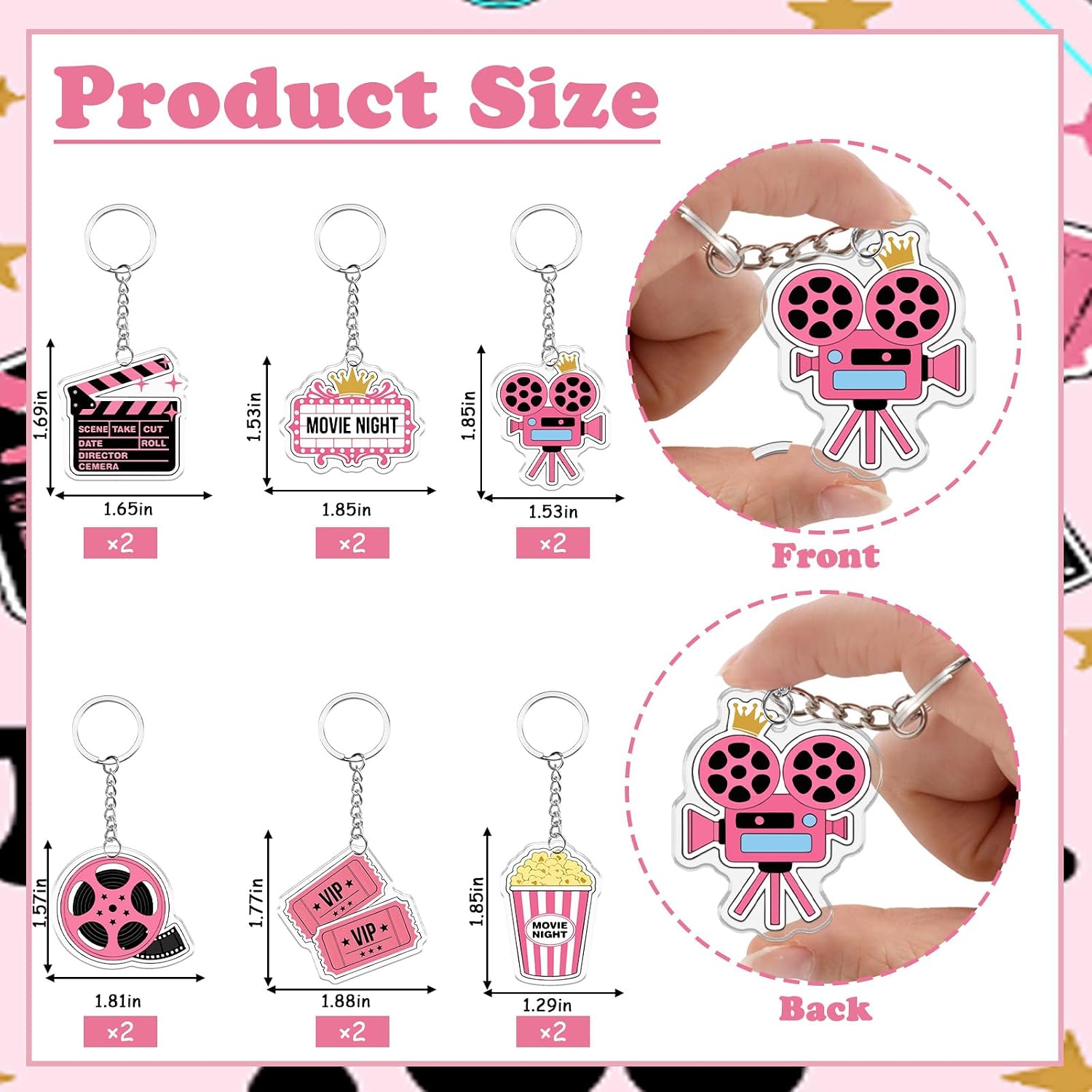 Serencatcher 12 Pcs Pink Movie Night Keychains, Movie Night Party Favors Accessories Clapboard Microphone Ticket Popcorn Projector Acrylic Keychains for Women Film Movie Birthday Party Supplies