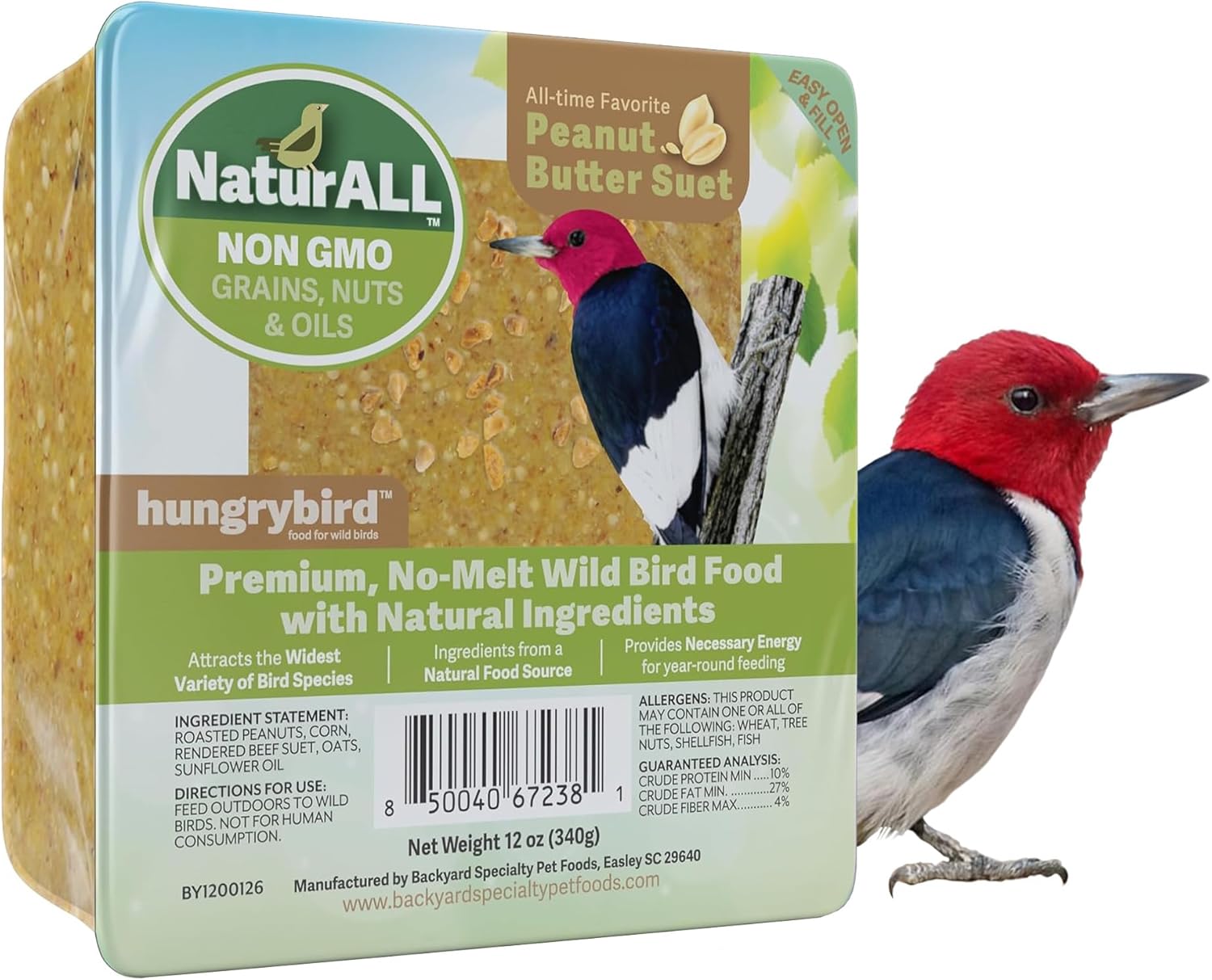 NaturAll Non-GMO, High-Protein Peanut Butter Suet Cake for Outside Wild Bird Feeders, Pack of 12