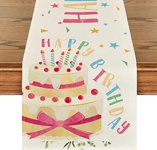 Happy Birthday Cake Table Runner, Candle Bowknot Kitchen Dining Table Decoration for Home Party Decor 13x72 Inch