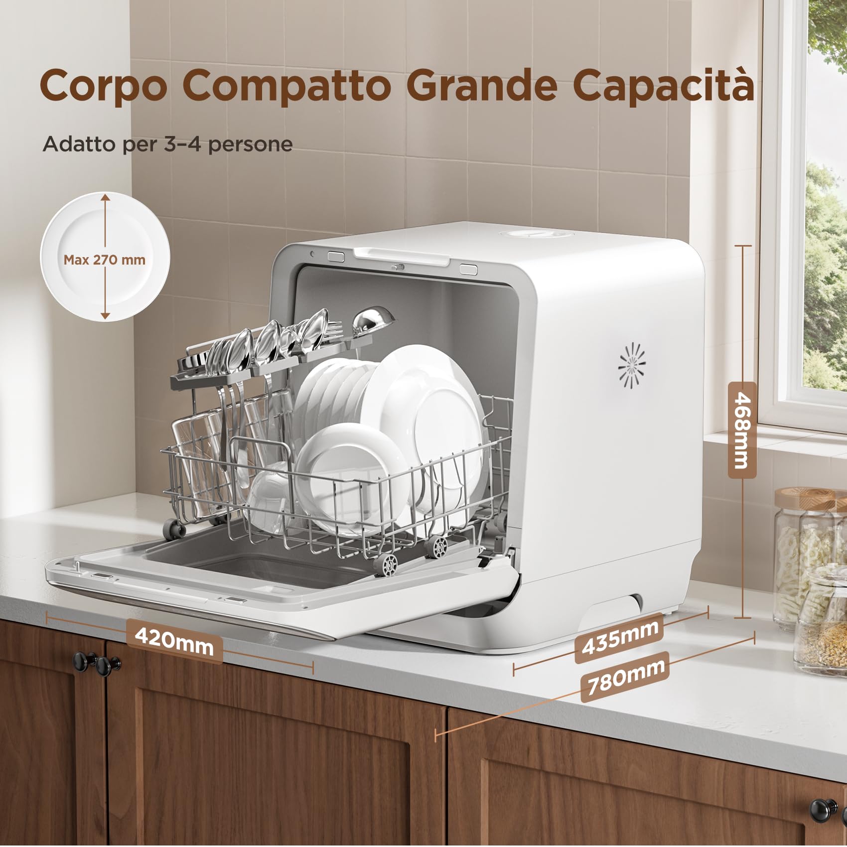 COMFEE' CDWMP305W-IT Lavastoviglie A Libera Installazione, 3 coperti, Design compatto da tavolo 435×420×465 mm, Facile installazione, Riempimento manuale, Programmi multipli, classe energetica D