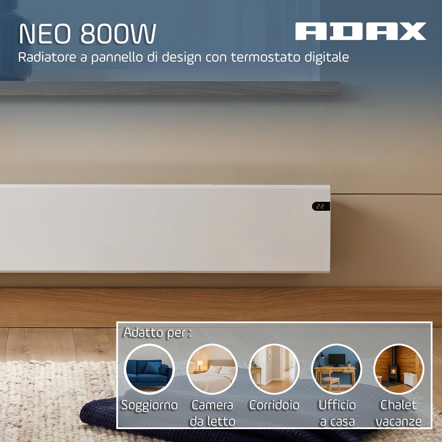 Adax Neo NL - Radiatore elettrico moderno | Termosifone Elettrico | Termoconvettore elettrico basso consumo | Altezza 200mm | Stufetta elettrica 800W | KDT Bianco | IP20
