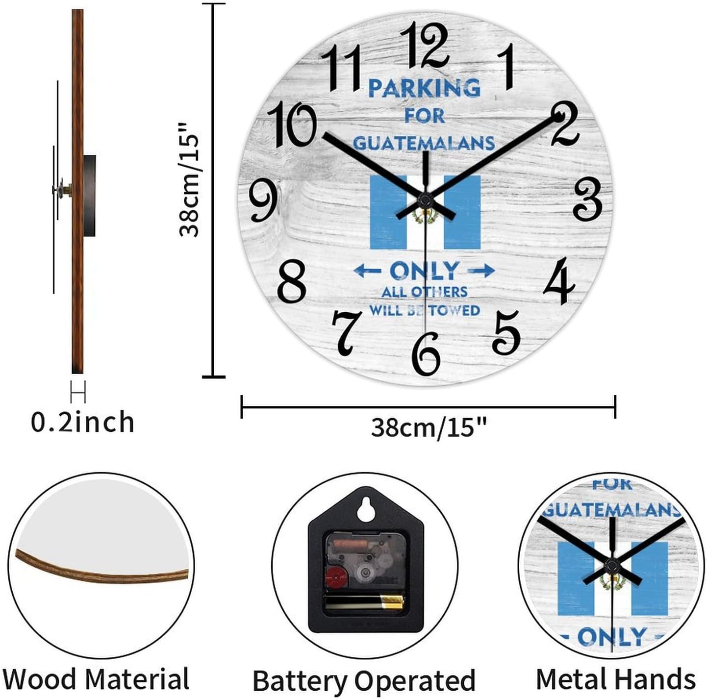 Guatemala Flag Wall Clock Wood Clock,parking for Guatemalans Only All Others Will Be Towed Round Wooden Clock Gifts Novelty Wall Clock for Home Kitchen Living Room Office 15 X 15 Inch
