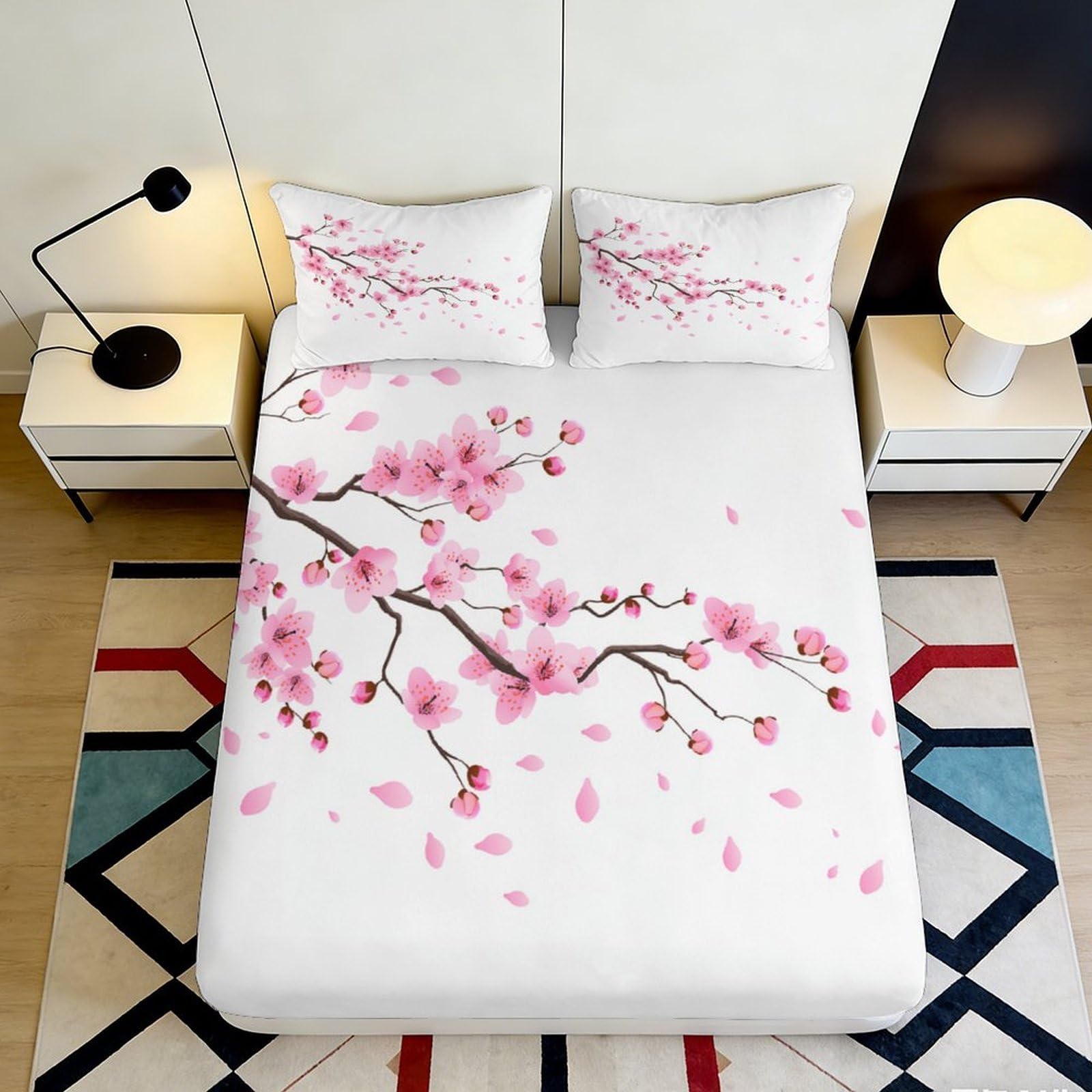3D Printed Cherry Blossom Fitted Sheet Microfiber Soft Pink Floral Art Mattress Cover for Bedroom Guestroom Home Decor 200x200x25cm