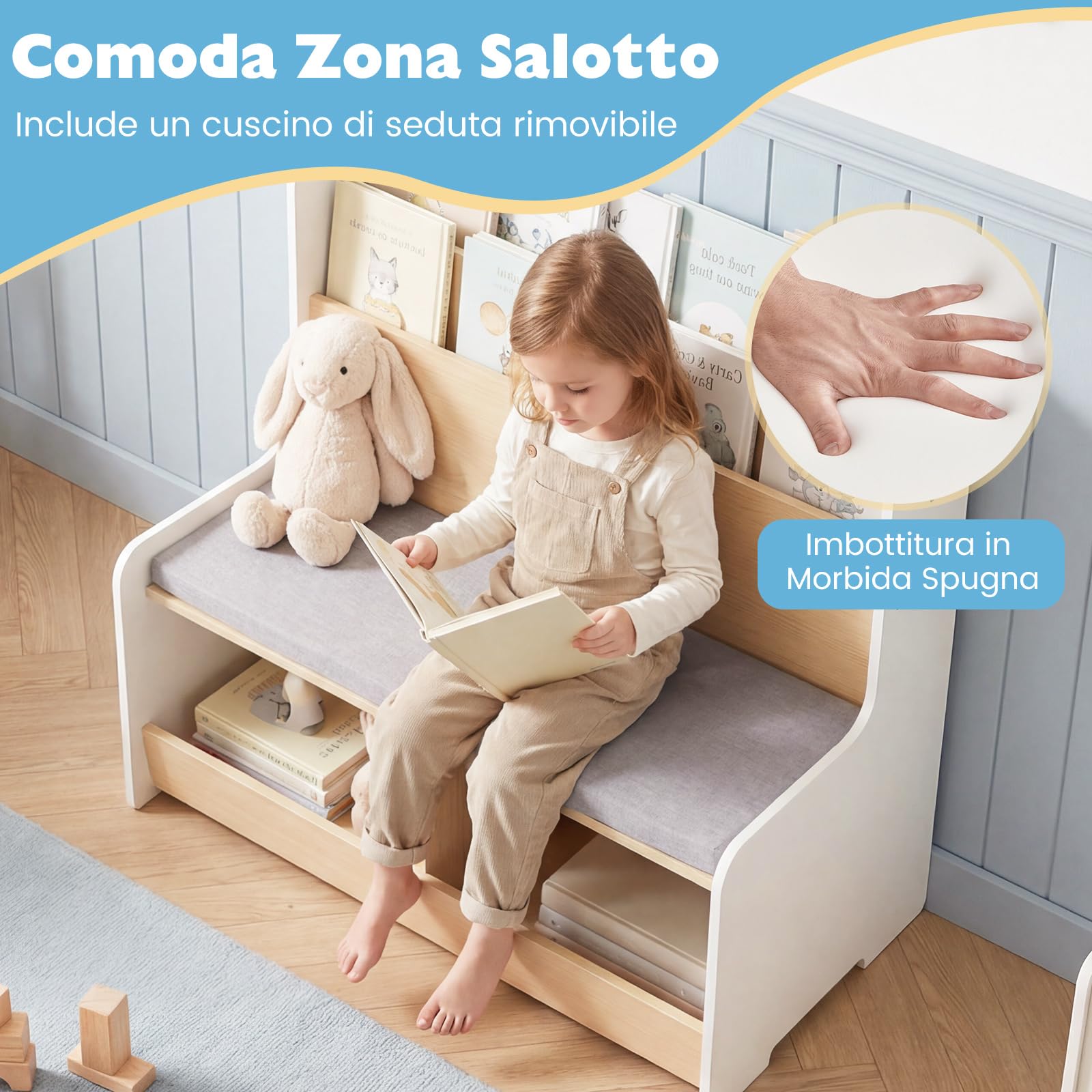 COSTWAY Libreria Montessoriana per Bambini con Panchina, Porta Libri Bambini con Portariviste a 2 Ripiani, 2 Scomparti Aperti e Cuscino Seduta Rimovibile, Libreria Salvaspazio per Cameretta (Bianco)