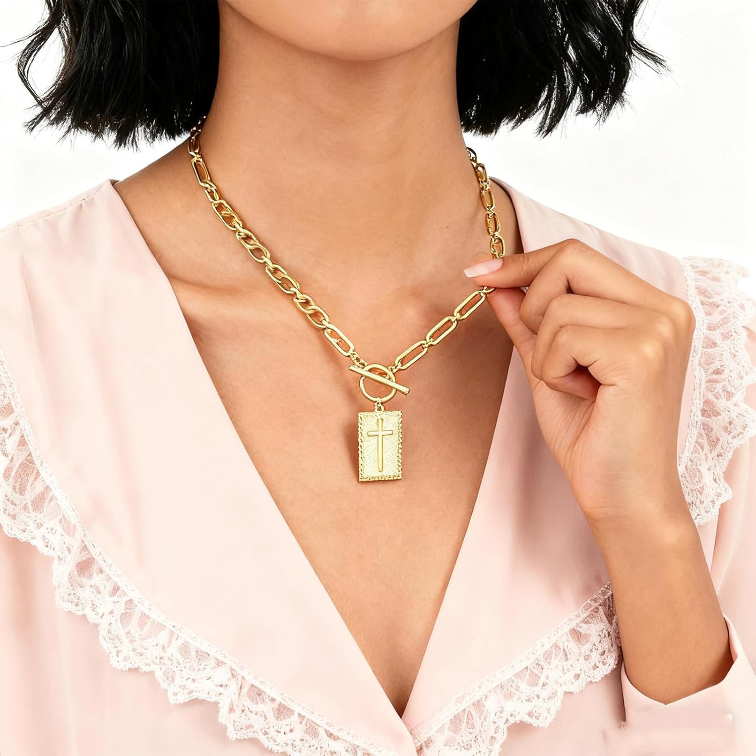 Cross Pendant Necklace, for Women Dainty Toggle Clasp Rectangle Cross Necklace Toggle Clasp Paperclip Chain Dainty Charm Necklace for Women Fashion Religious Simple Jewelry Gift - Image 4
