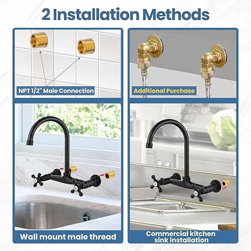 Miniatura 7 de Airuida Grifo de latón negro mate de montaje en pared con doble mango y adaptador ajustable