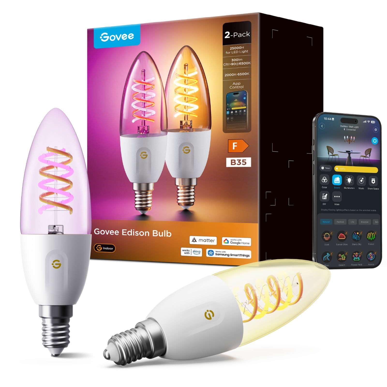 Govee Smart Edison Glühbirne E14, 300LM RGBWW Dimmbar Lampe B35, 2 Stück | Kompatibel mit Matter, Alexa, Google Assistant, COB dimmbar, 16 Millionen DIY-Farben, CRI 90, für Wohnzimmer und Kronleuchter
