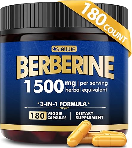 Suplemento de berberina, berberina de alta resistencia de 1500 mg, 180 cápsulas - Plus bergamota cítrica, suplementos de raíz de berberina HCI -