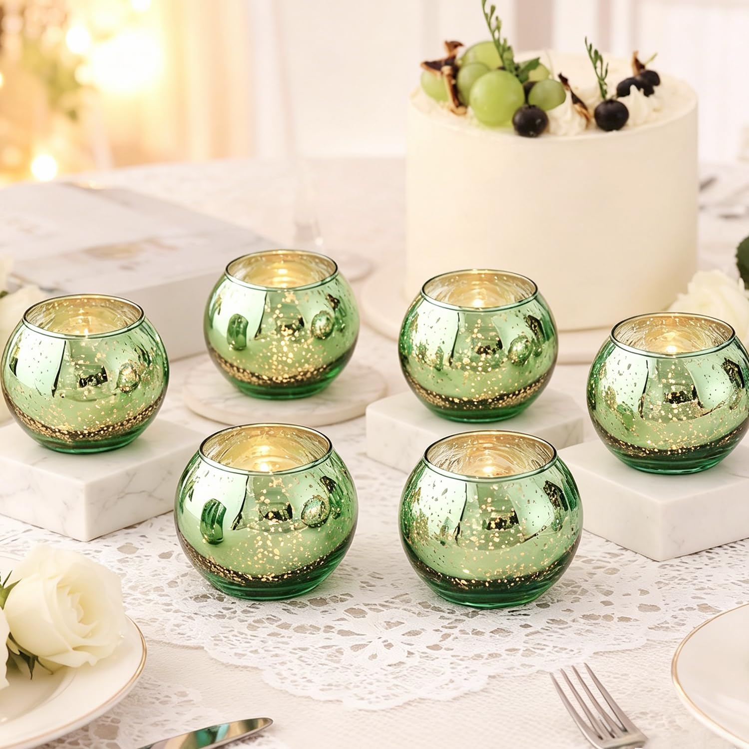 6 Pcs Blue Mercury Glass Tea light Candle Holders for Table Centerpieces, Home, Bridal Shower, Birthday, Party Table Decor (6, Green)