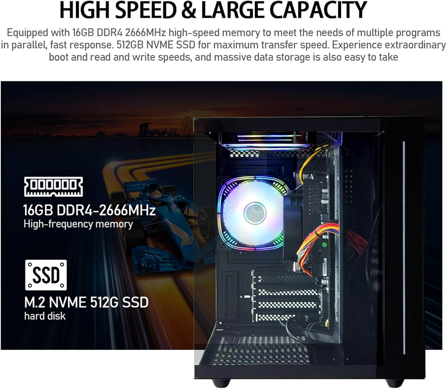 Interno view of PC highlighting RAM and SSD