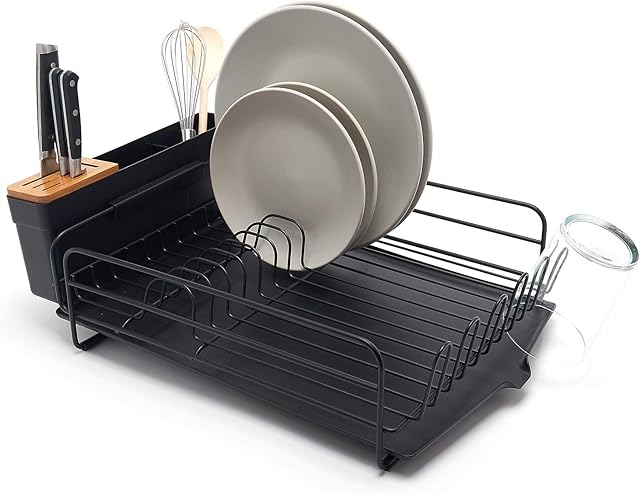 simplywire Premium Dish Drainer Plate Drying Rack with Cutlery Holder & Drip Tray Black