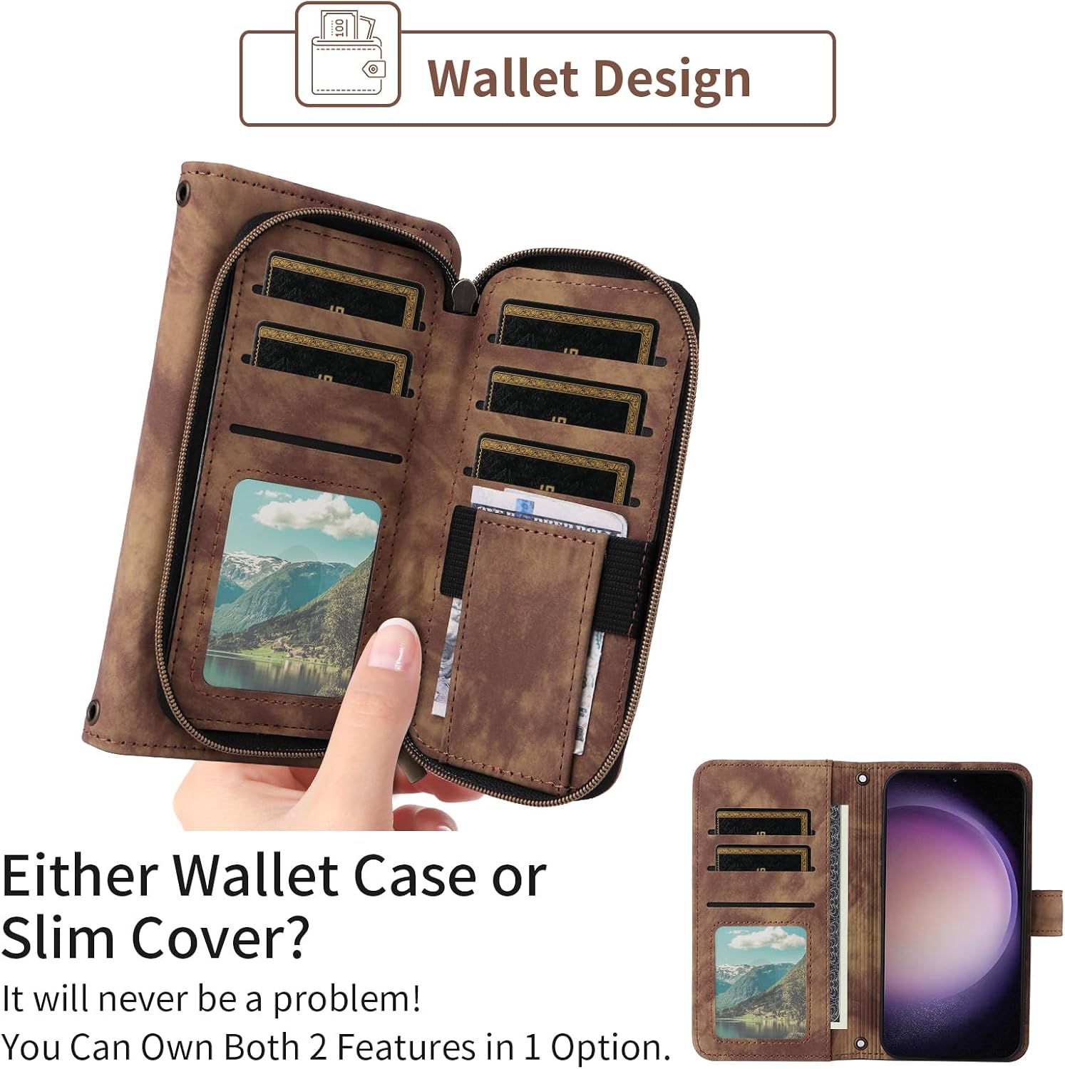 Phone Case for Samsung Galaxy S23 5G Wallet Cell Cover with Tempered Glass Screen Protector Crossbody Lanyard Strap Flip Stand Zipper Purse Card Holder S 23 23S GS23 G5 SM-S911U 6.1 inch Women Brown