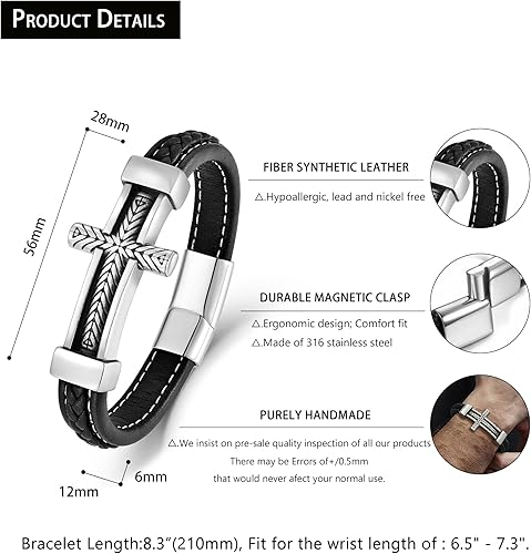 Miniatura 6 de Pulsera de cuero con cruz para hombre, de acero inoxidable, religiosa y religiosa con cruz lateral, pulsera de oración cristiana, regalo para hombres