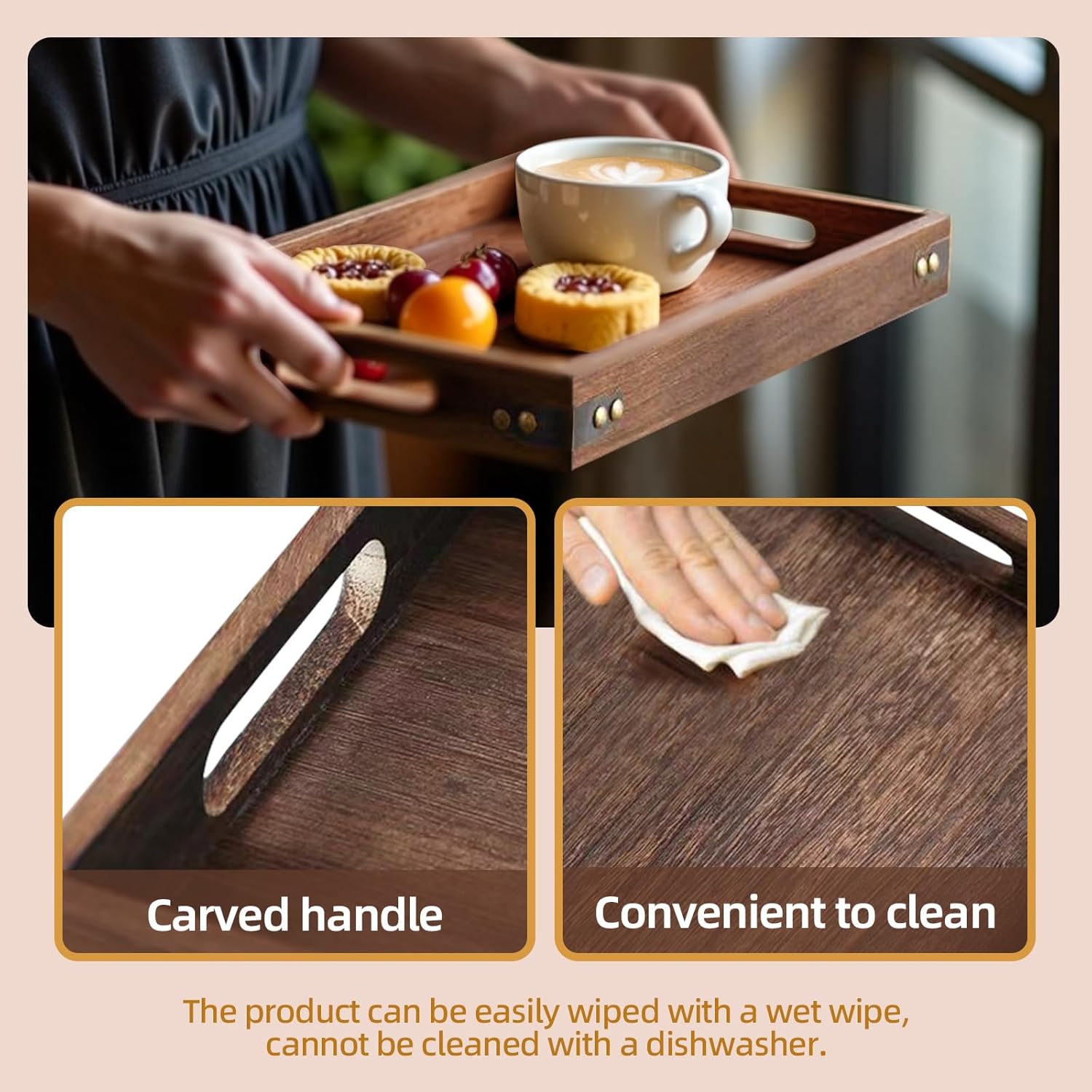 Serving Tray with Handles,15.8"x 11" Wood Decorative Tray for Living Room, Modern Coffee Table Tray, Square Large Serving Platters for Home Decor, Ottoman, Bed, Kitchen, Bathroom, Breakfast, Bar