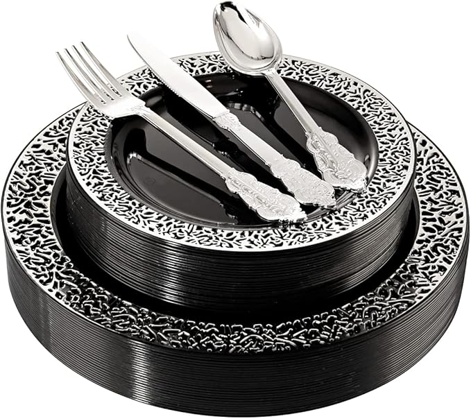 WELLIFE 125PCS Black Plastic Plates, Disposable Sliver Plastic Cutlery Set, Includes: 25 Dinner Plates, 25 Dessert Plates, 25 Cutlery, Suitable for Party and Weddings