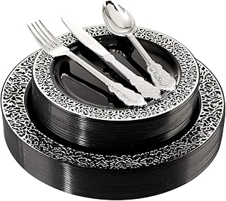 WELLIFE 125PCS Halloween Black Plastic Plates, Disposable Sliver Plastic Cutlery Set, Includes: 25 Dinner Plates, 25 Dessert Plates, 25 Cutlery, Suitable for Party and Weddings