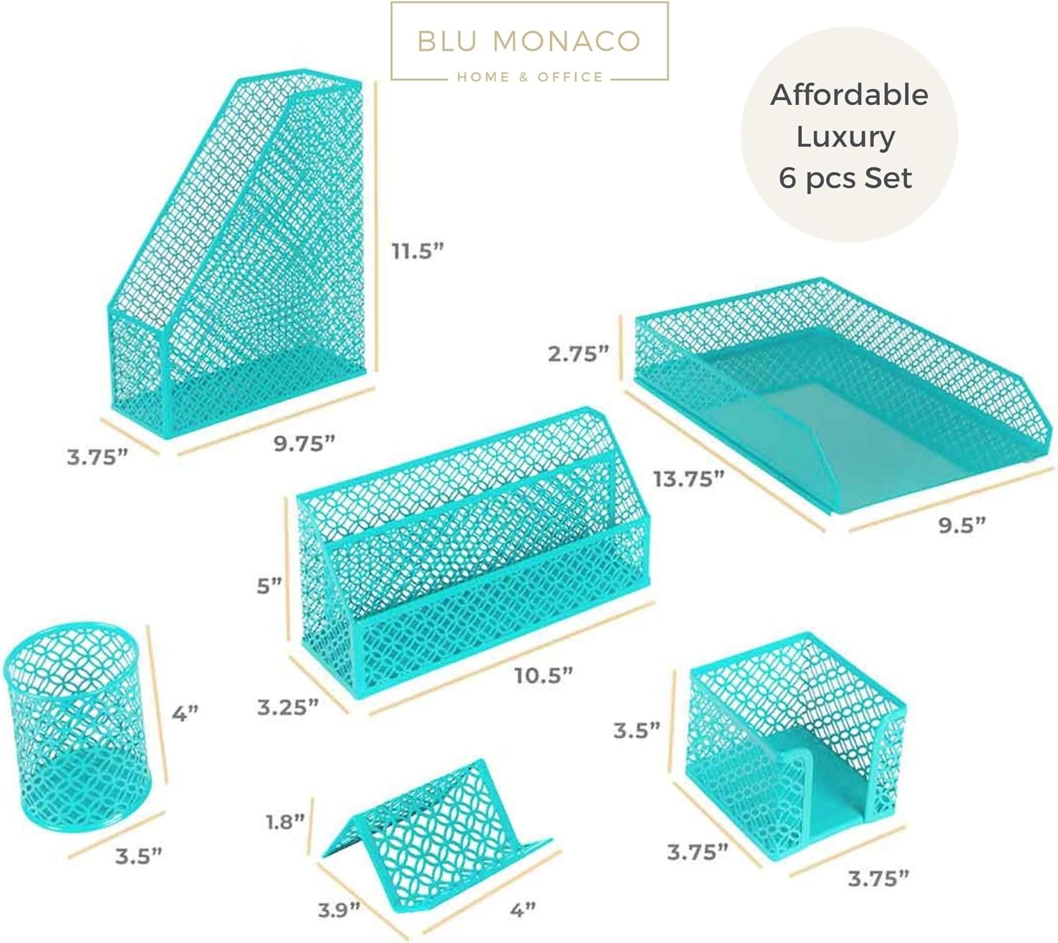 BLU MONACO | Dark Teal Desk Organizer Set 6 Piece | Mail Sorter Organizer Countertop with Standing File Organizer | Mesh Pen Holders Desktop Office Set