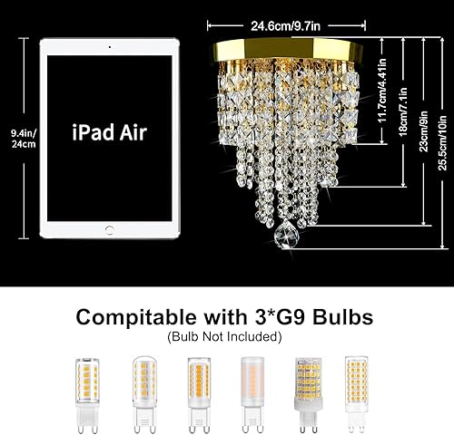 Miniatura 5 de TISLYCO Mini Candelabro de Cristal Dorado, Lámpara de Techo Moderna de Montaje al Ras de 3 Luces, Lámpara de Techo de Gota de Lluvia con Cuentas de